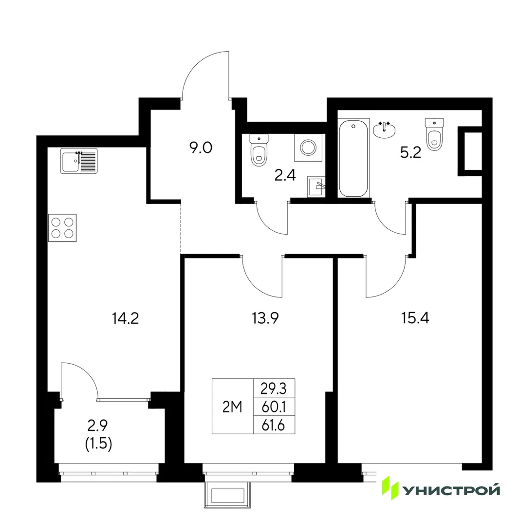 Планировка 2-комн. квартира, 61.6 м² ЖК «Стадиум»