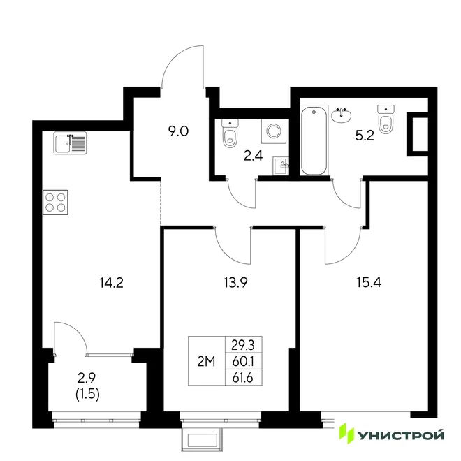 Планировка 2-комн. квартира, 61.6 м² ЖК «Стадиум»