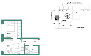 Планировка 2-комн. квартира, 27.72 м² ЖК «Уральский сад»