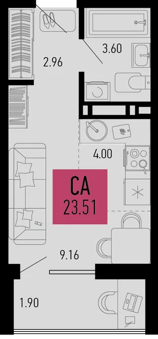 Планировка Студия, 23.51 м² ЖК «Столицыно»
