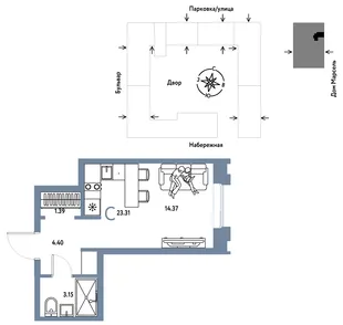 Планировка Студия, 23.31 м² ЖК «Европейский берег 2.0»