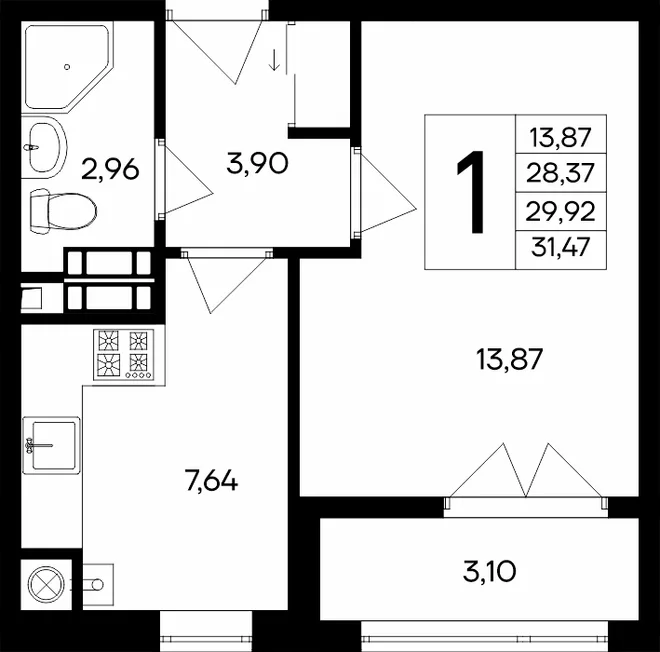 Планировка 1-комн. квартира, 31.47 м² ЖК «Сезоны» Планировка 1-комн. квартира, 31.47 м² ЖК «Сезоны»