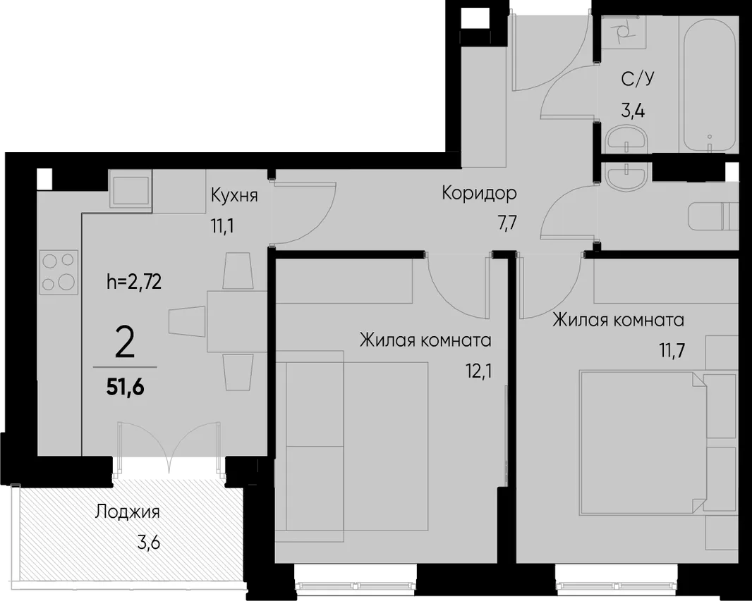 Планировка 2-комн. квартира, 51.5 м² ЖК «Васильевский остров»