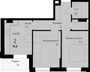 Планировка 2-комн. квартира, 51.5 м² ЖК «Васильевский остров»
