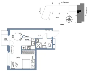 Планировка Студия, 34.1 м² ЖК «Авторский»