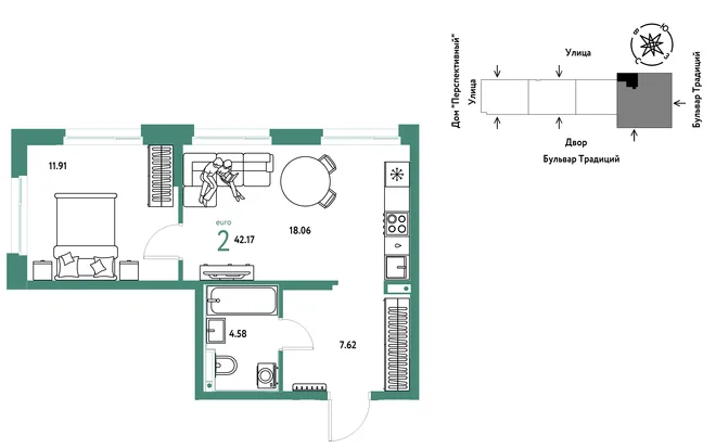Планировка 2-комн. квартира, 42.17 м² ЖК «Микрорайон Домашний»