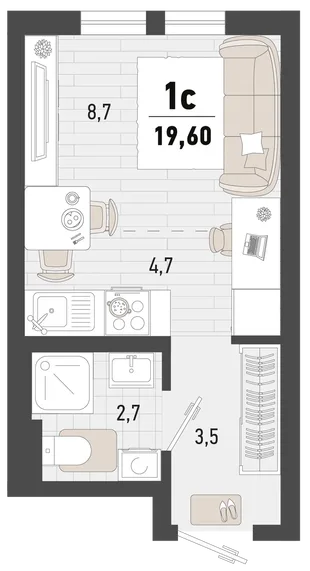 Планировка Студия, 19.6 м² ЖК «Барса»