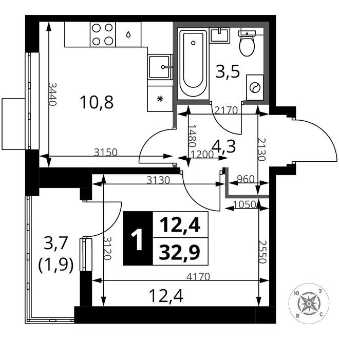 Планировка 1-комн. квартира, 32.9 м² ЖК «1-й Шереметьевский» Планировка 1-комн. квартира, 32.9 м² ЖК «1-й Шереметьевский»