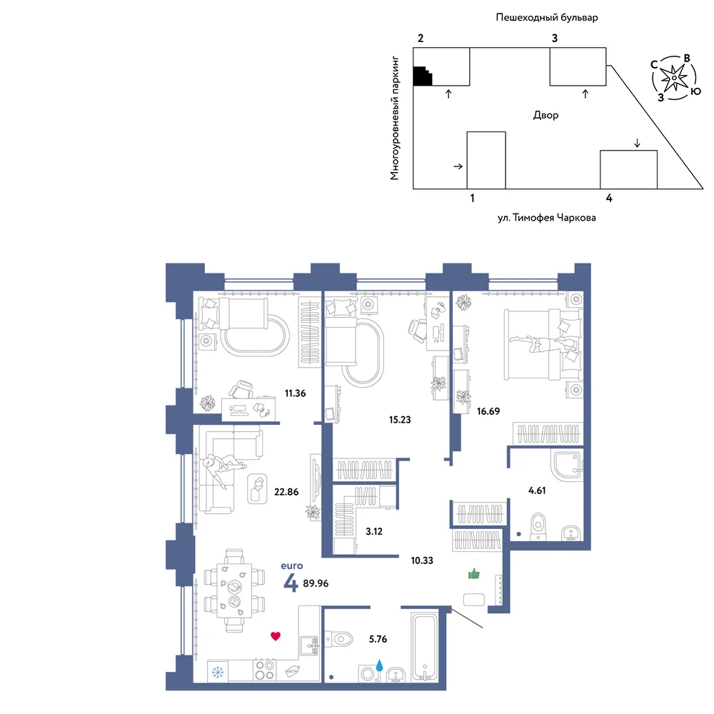 Планировка 4-комн. квартира, 89.96 м² ЖК «Микрорайон Звездный»