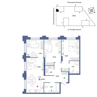 Планировка 4-комн. квартира, 89.96 м² ЖК «Микрорайон Звездный»