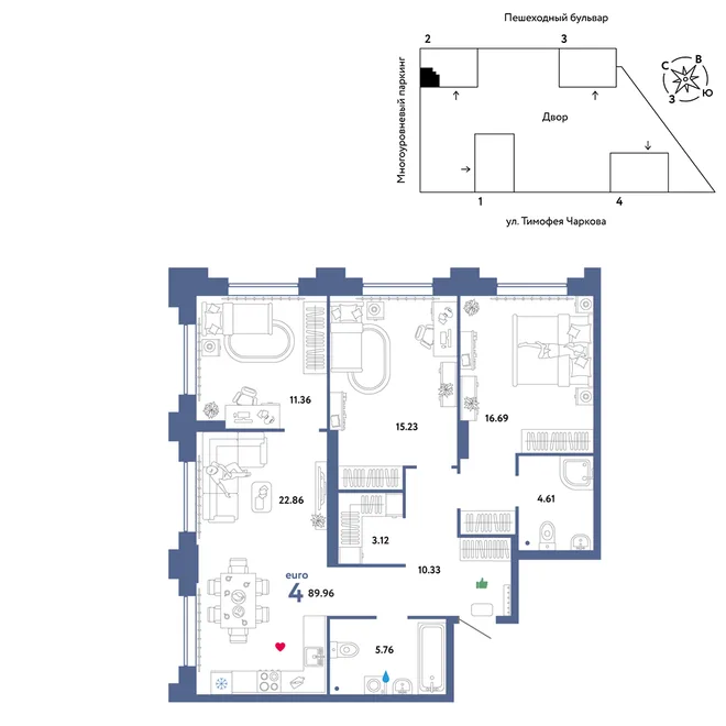 Планировка 4-комн. квартира, 89.96 м² ЖК «Микрорайон Звездный»
