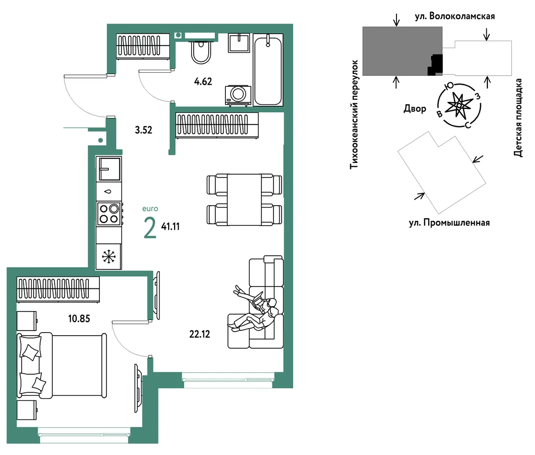 Планировка 2-комн. квартира, 41.11 м² ЖК «Страна Прибрежная»