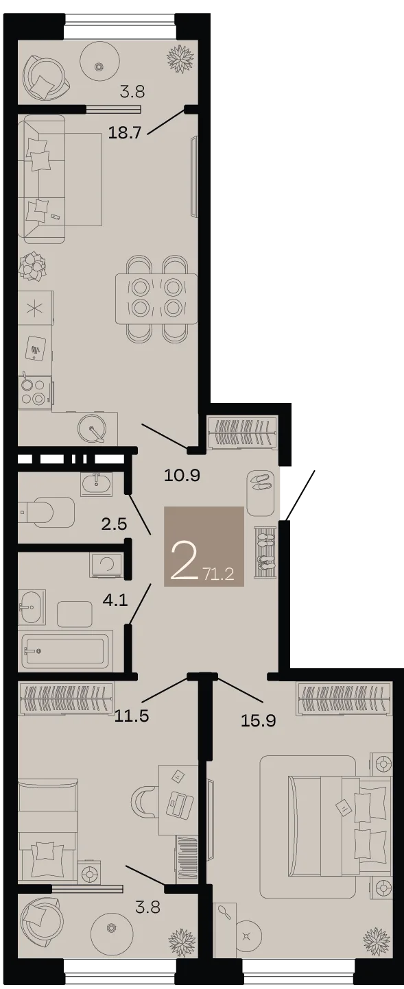 Планировка 2-комн. квартира, 71.2 м² ЖК «Хозяин морей»