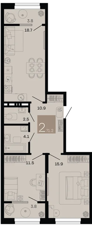 Планировка 2-комн. квартира, 71.2 м² ЖК «Хозяин морей»
