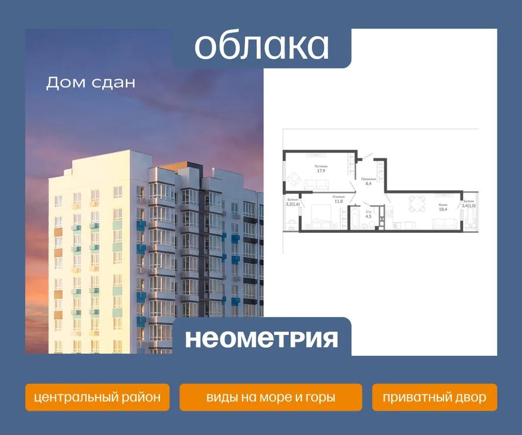 Планировка 2-комн. квартира, 63.6 м² ЖК «Облака»