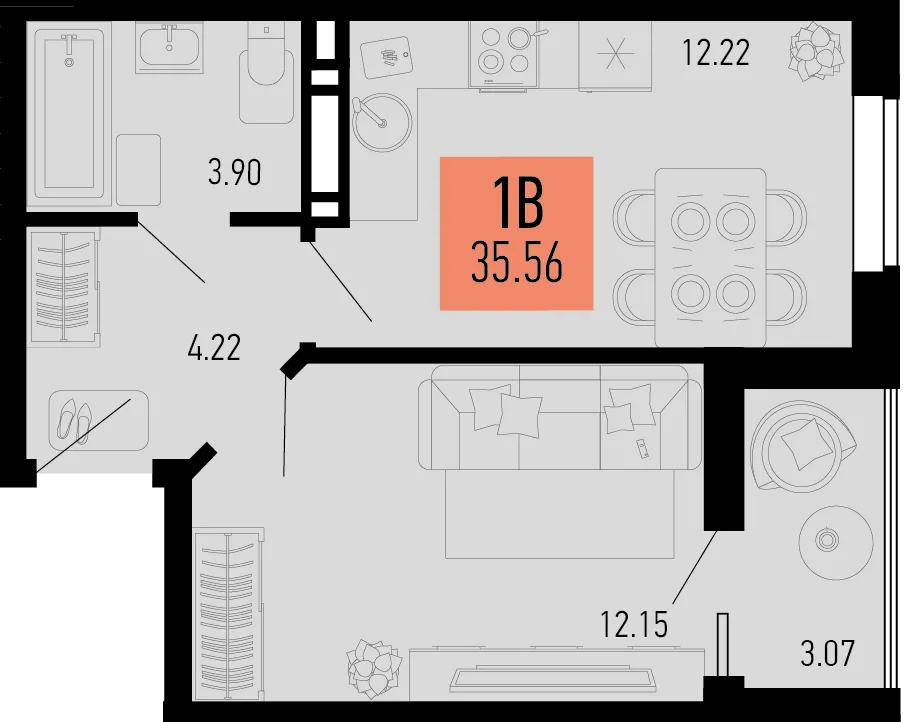 Планировка 1-комн. квартира, 35.56 м² ЖК «Столицыно»