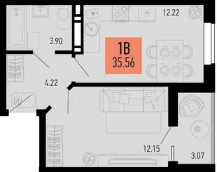 Планировка 1-комн. квартира, 35.56 м² ЖК «Столицыно»