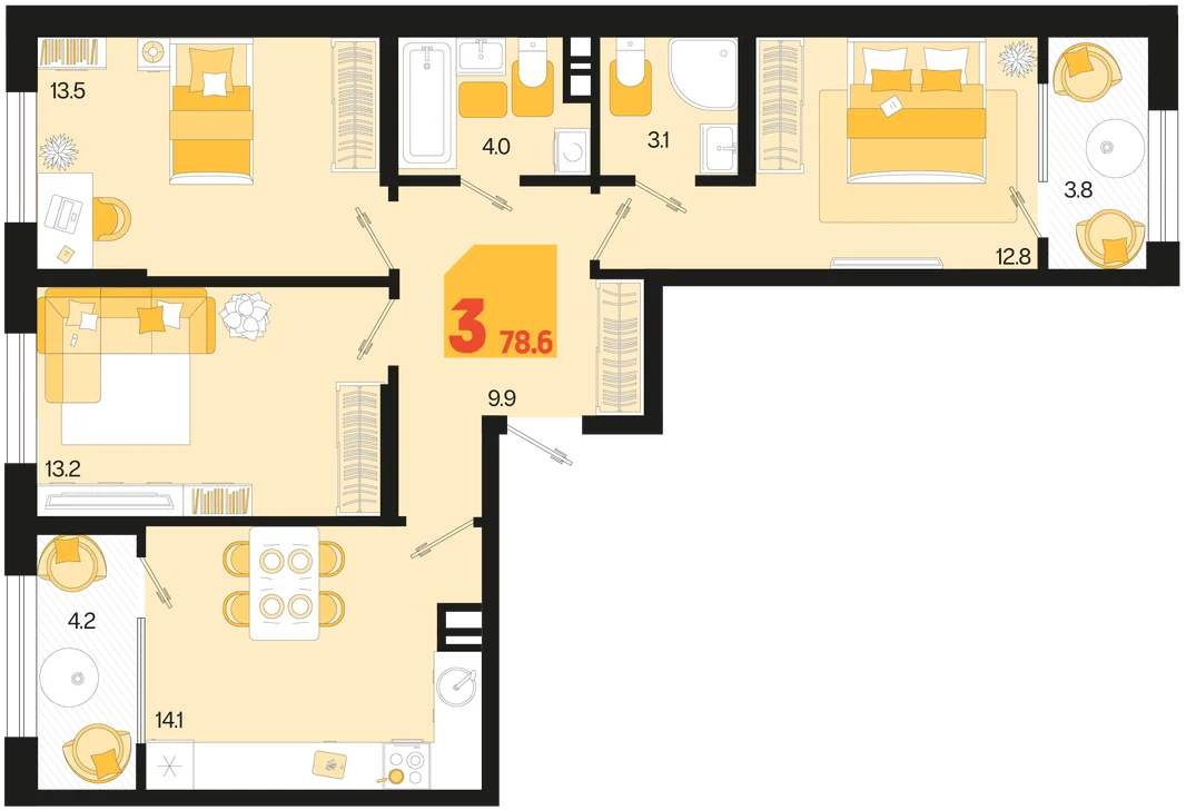 Планировка 3-комн. квартира, 78.6 м² ЖК «Первое место»