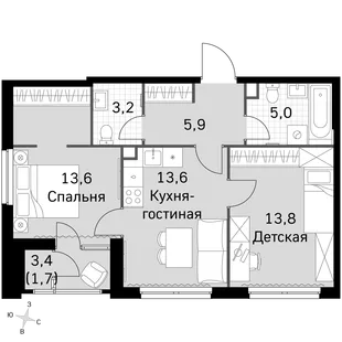 Квартира 3-комн. квартира, 55.1 м² ЖК «Sky Garden» Фото 1 Квартира 3-комн. квартира, 55.1 м² ЖК «Sky Garden» Фото 1