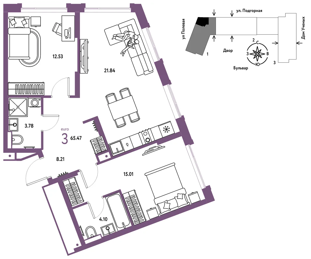 Планировка 3-комн. квартира, 65.47 м² ЖК «Авторский»