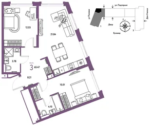 Планировка 3-комн. квартира, 65.47 м² ЖК «Авторский»