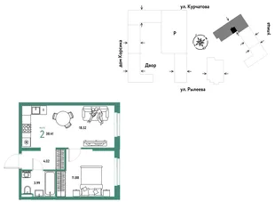 Планировка 2-комн. квартира, 38.59 м² ЖК «Остров-сад»