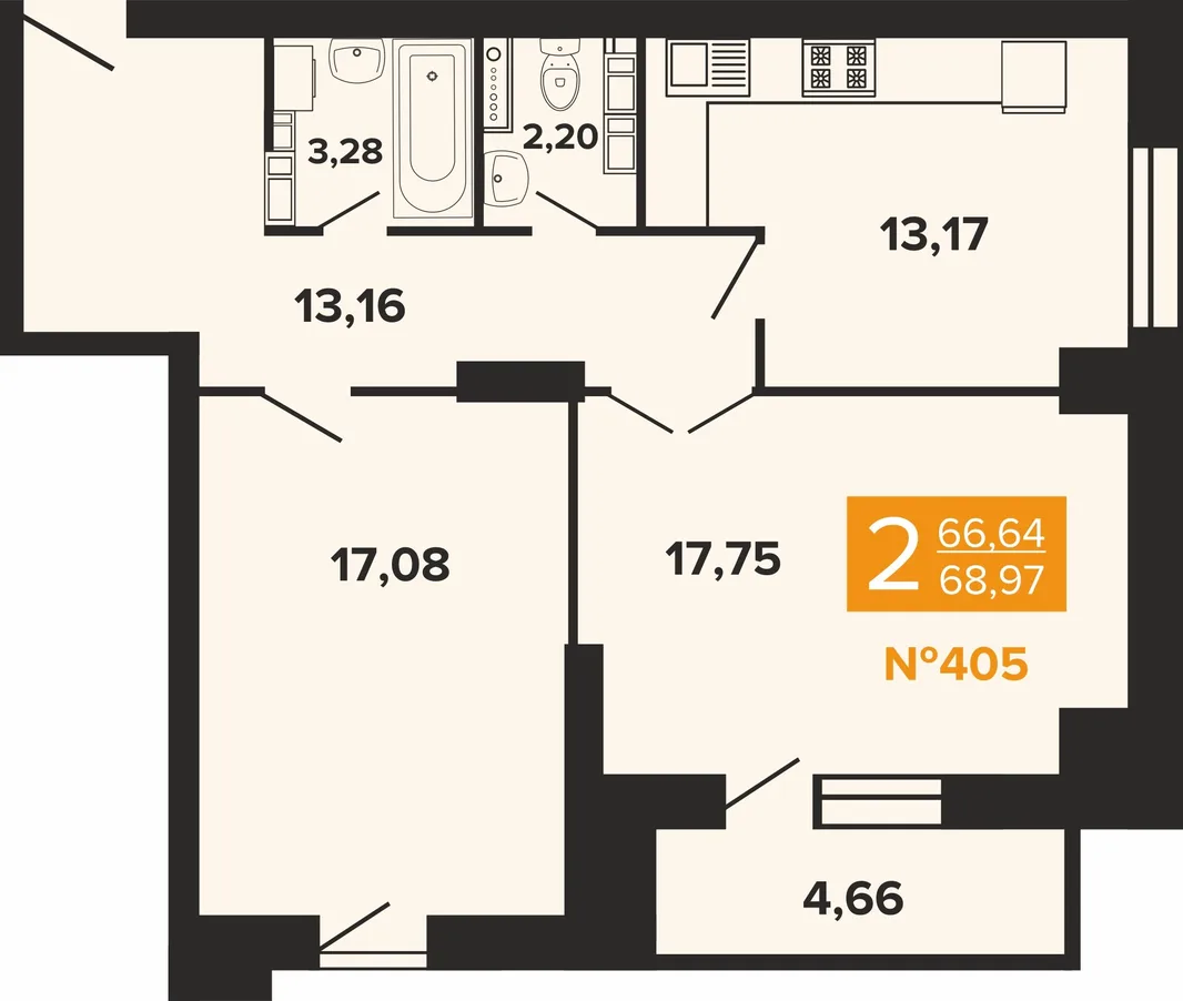 Планировка 2-комн. квартира, 68.97 м² ЖК «Художники»