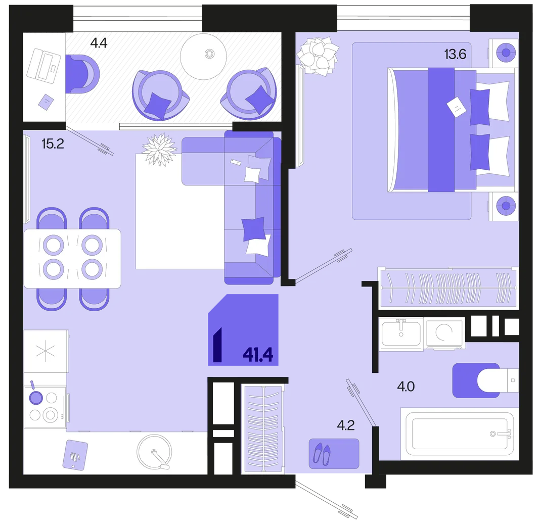 Планировка 1-комн. квартира, 41.4 м² ЖК «Первое место»
