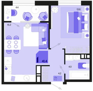 Планировка 1-комн. квартира, 41.4 м² ЖК «Первое место»