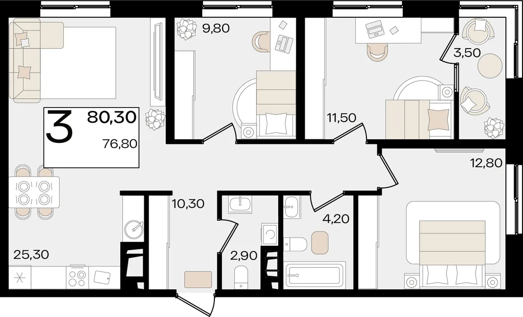 Планировка 3-комн. квартира, 80.3 м² ЖК «Патрики»