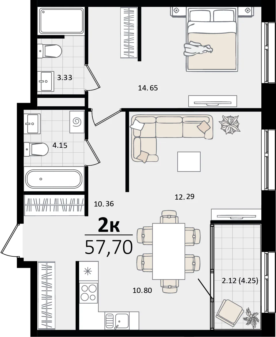 Планировка 2-комн. квартира, 57.7 м² ЖК «Патрики»