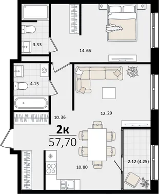 Планировка 2-комн. квартира, 57.7 м² ЖК «Патрики»