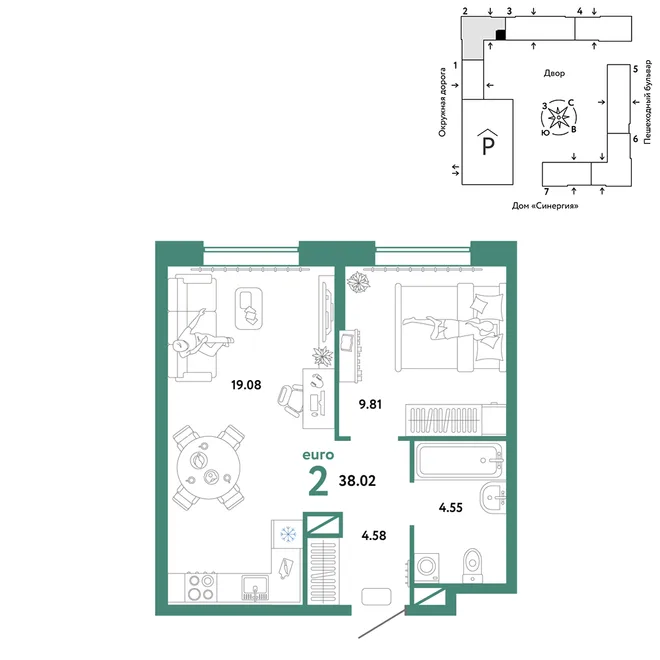 Планировка 2-комн. квартира, 38.02 м² ЖК «Юнион» Планировка 2-комн. квартира, 38.02 м² ЖК «Юнион»