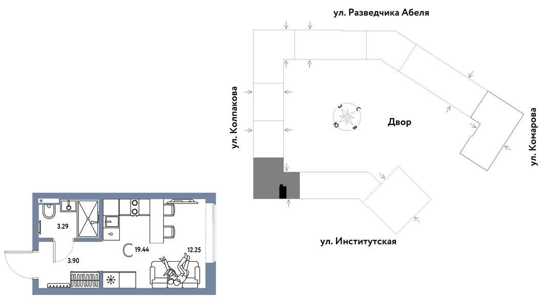 Планировка Студия, 19.44 м² ЖК «Страна.Парковая»