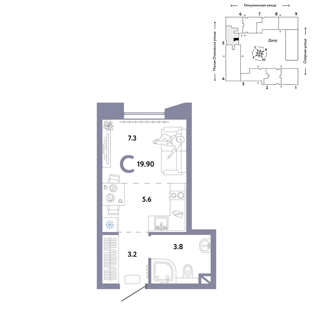 Планировка Студия, 19.9 м² ЖК «Страна.Озёрная»
