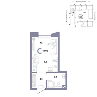 Планировка Студия, 19.9 м² ЖК «Страна.Озёрная»