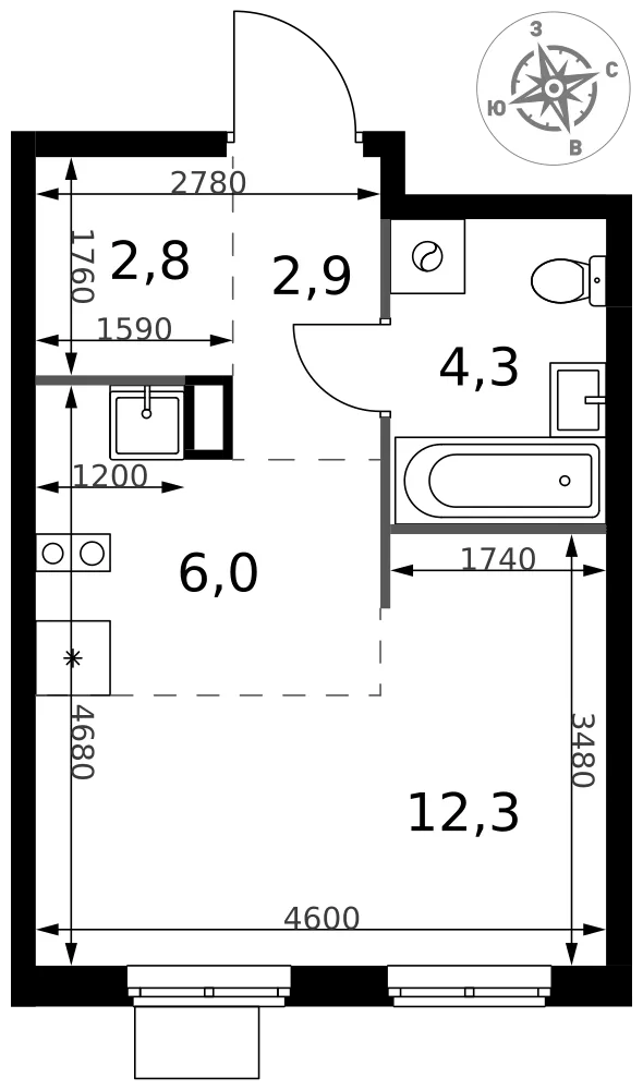 Планировка Студия, 28.3 м² ЖК «1-й Химкинский» Планировка Студия, 28.3 м² ЖК «1-й Химкинский»