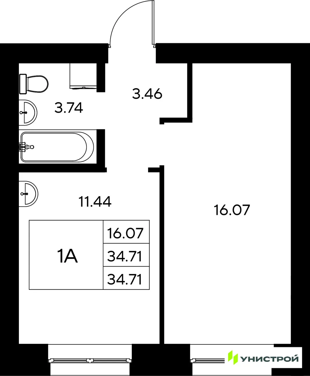 Планировка 1-комн. квартира, 34.71 м² ЖК «Царёво City»