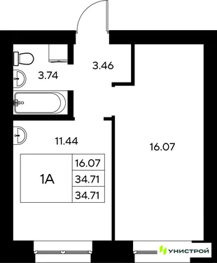 Планировка 1-комн. квартира, 34.71 м² ЖК «Царёво City»