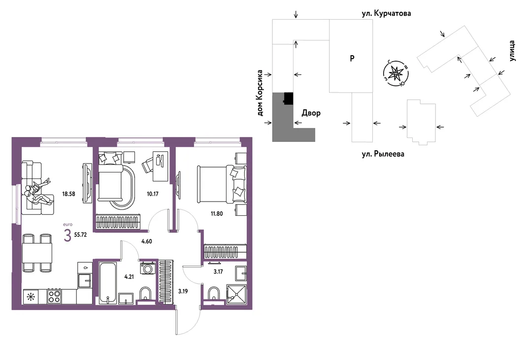 Планировка 3-комн. квартира, 55.72 м² ЖК «Остров-сад»