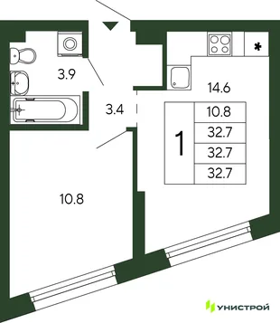 Планировка 1-комн. квартира, 32.7 м² ЖК «Парковый квартал 2.0»