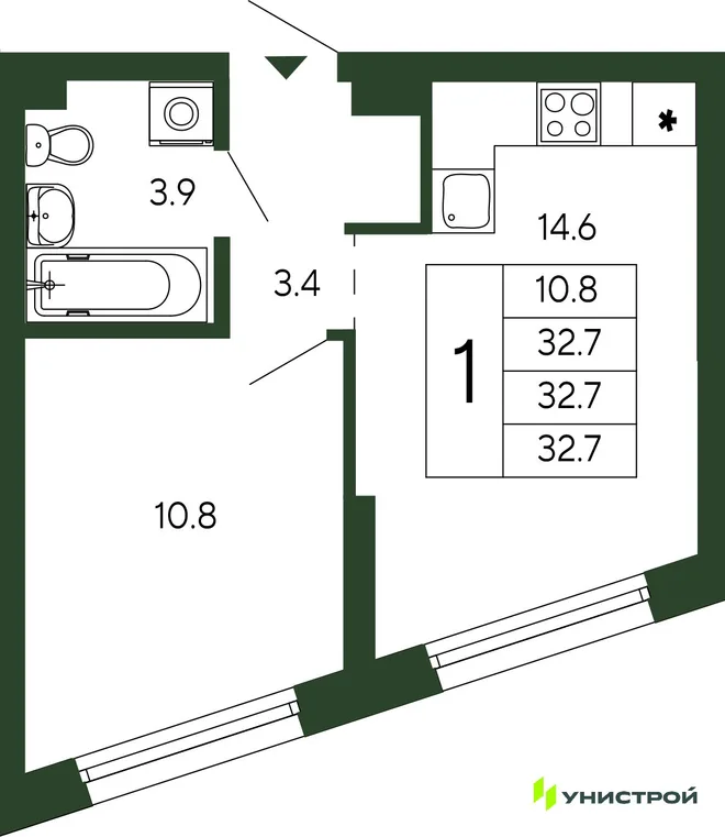 Планировка 1-комн. квартира, 32.7 м² ЖК «Парковый квартал 2.0» Планировка 1-комн. квартира, 32.7 м² ЖК «Парковый квартал 2.0»