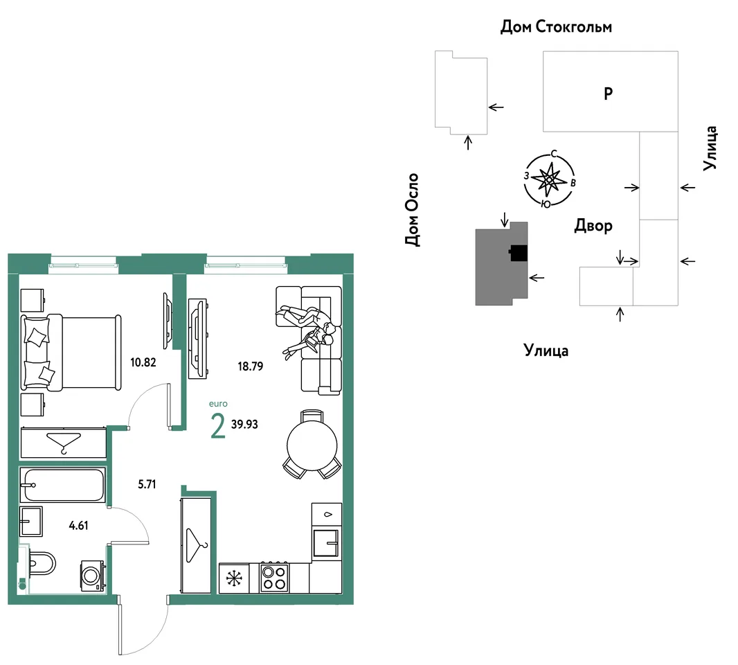 Планировка 2-комн. квартира, 39.93 м² ЖК «Европейский берег 2.0»