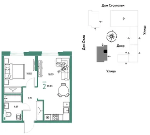 Планировка 2-комн. квартира, 39.93 м² ЖК «Европейский берег 2.0»