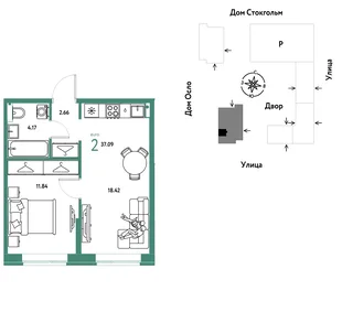Планировка 2-комн. квартира, 37.09 м² ЖК «Европейский берег 2.0»