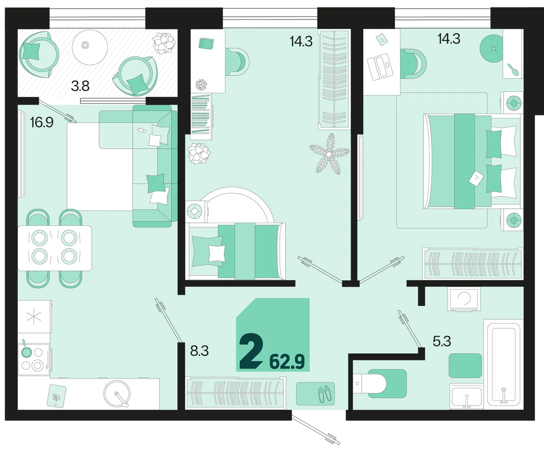 Планировка 2-комн. квартира, 62.9 м² ЖК «Первое место»