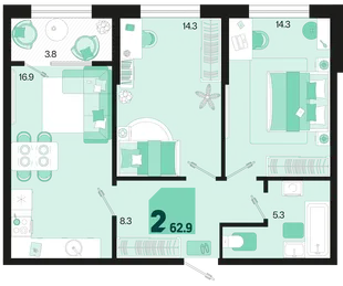 Планировка 2-комн. квартира, 62.9 м² ЖК «Первое место»