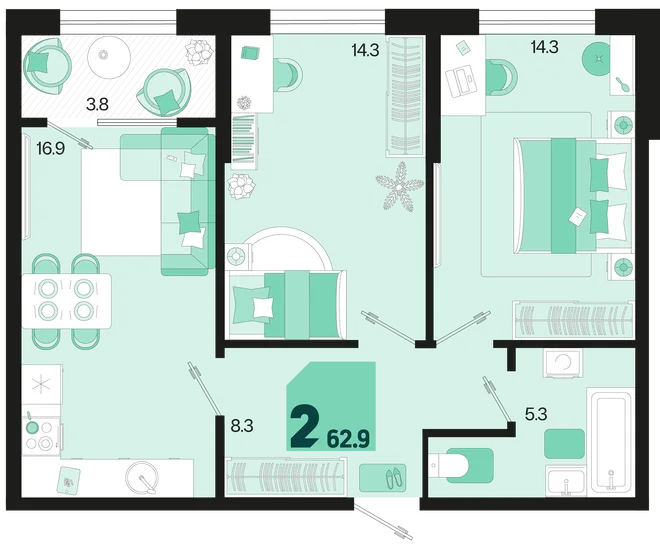 Планировка 2-комн. квартира, 62.9 м² ЖК «Первое место»