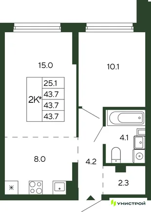 Планировка 2-комн. квартира, 43.7 м² ЖК «Парковый квартал 2.0»