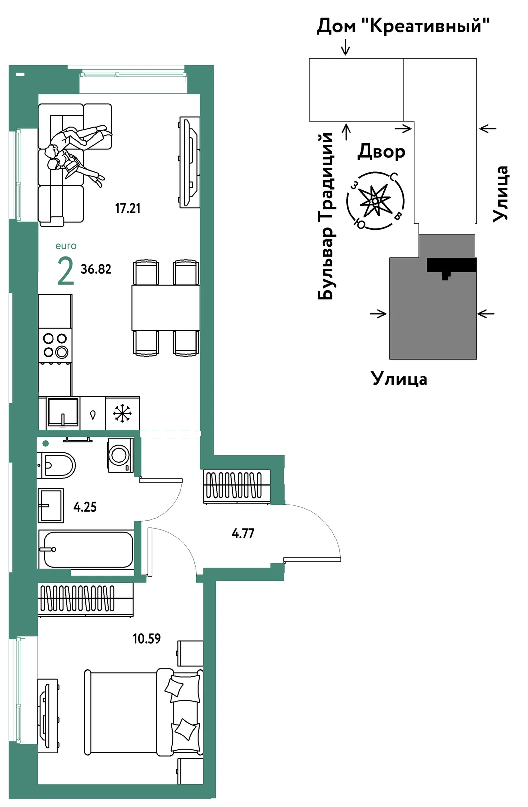 Планировка 2-комн. квартира, 36.82 м² ЖК «Микрорайон Домашний»